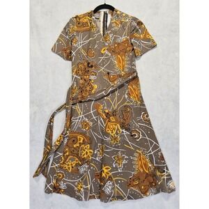 Vtg Dress 70s 2/4 SX Psychedelic Fit & Flare‎ Hippie Floral Retro Brown 60s Knee
